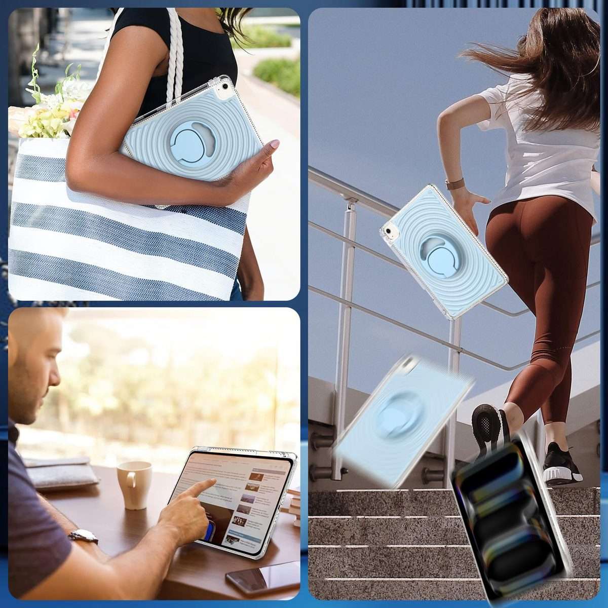 For iPad Air 11 2026 / 2025 / 2024 Wave Texture Rotating Holder Tablet Case with Pe ... (Ice Blue)
