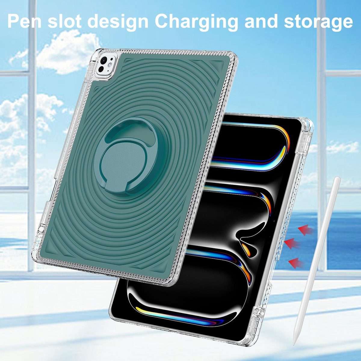 For iPad Air 13 2026 / 2025 / 2024 Wave Texture Rotating Holder Tablet Case with ... (Dark Green)