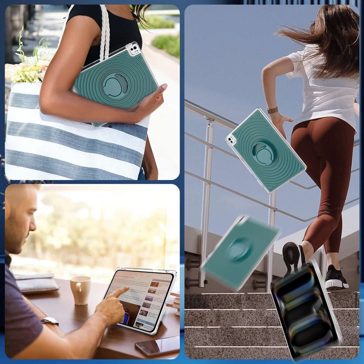 For iPad Air 13 2026 / 2025 / 2024 Wave Texture Rotating Holder Tablet Case with ... (Dark Green)