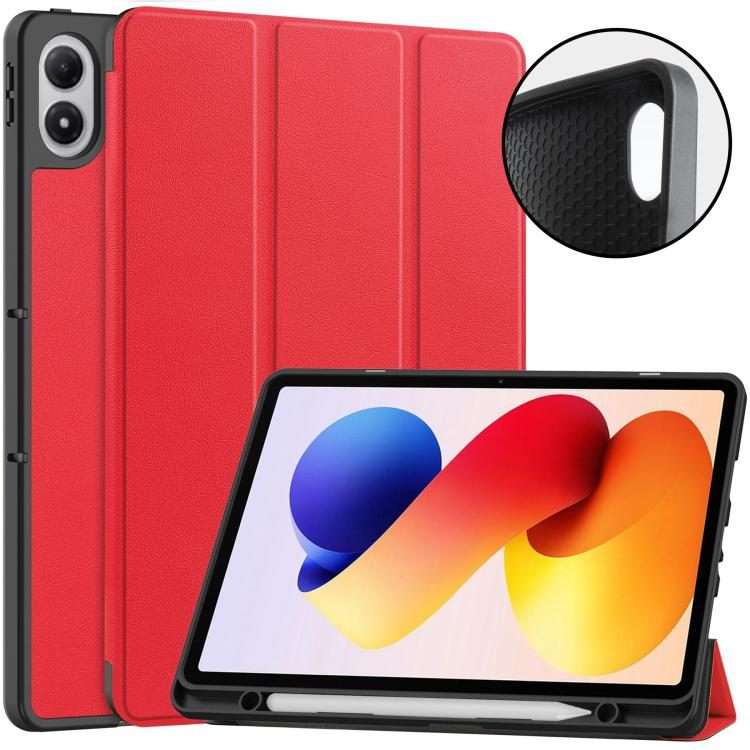 For Xiaomi Redmi Pad 2 Pro Custer TPU Pure Color 3-Fold Holder Smart Leather Tablet Case ... (Red)