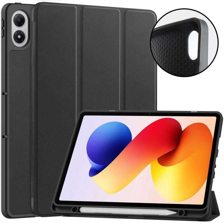 For Xiaomi Redmi Pad 2 Pro Custer TPU Pure Color 3-Fold Holder Smart Leather Tablet Ca ... (Black)