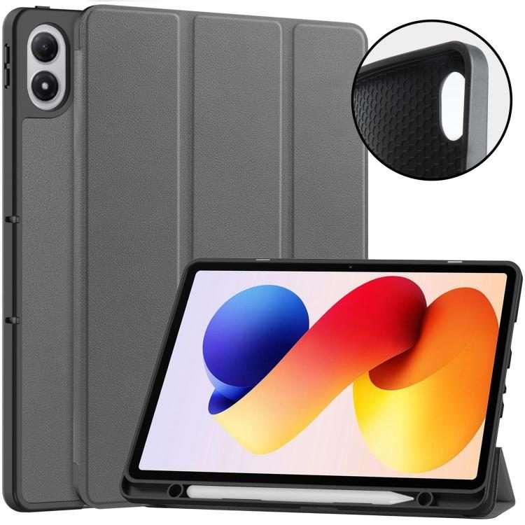 For Xiaomi Redmi Pad 2 Pro Custer TPU Pure Color 3-Fold Holder Smart Leather Tablet Cas ... (Grey)
