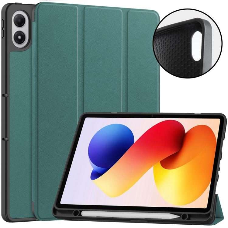 For Xiaomi Redmi Pad 2 Pro Custer TPU Pure Color 3-Fold Holder Smart Leather Tabl ... (Dark Green)