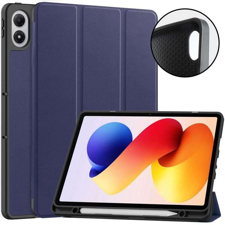 For Xiaomi Redmi Pad 2 Pro Custer TPU Pure Color 3-Fold Holder Smart Leather Table ... (Dark Blue)