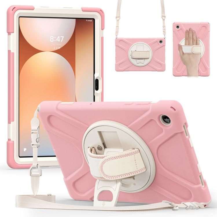 For Samsung Galaxy Tab A11+ Rotatable Holder Silicone Hybrid PC Tablet Case with Should ... (Pink)