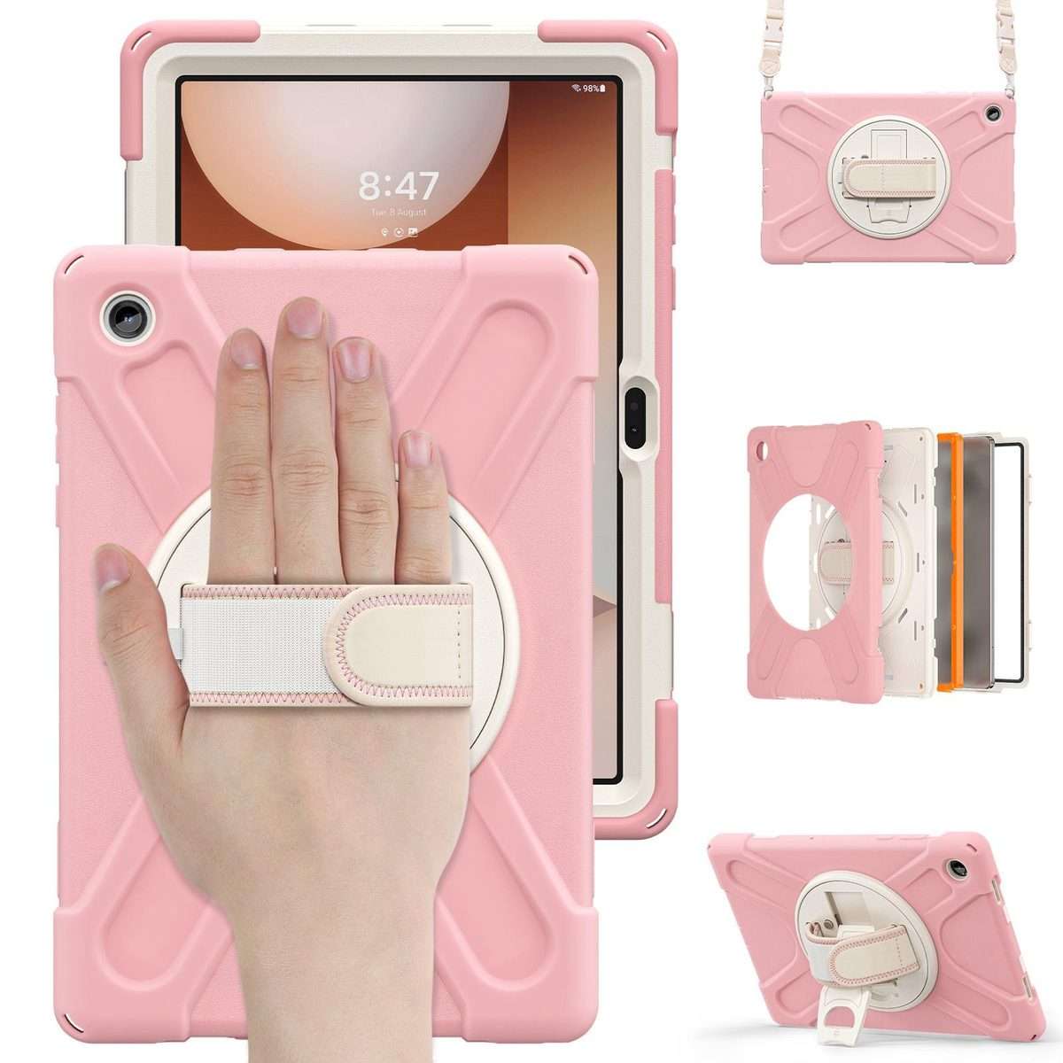 For Samsung Galaxy Tab A11+ Rotatable Holder Silicone Hybrid PC Tablet Case with Should ... (Pink)