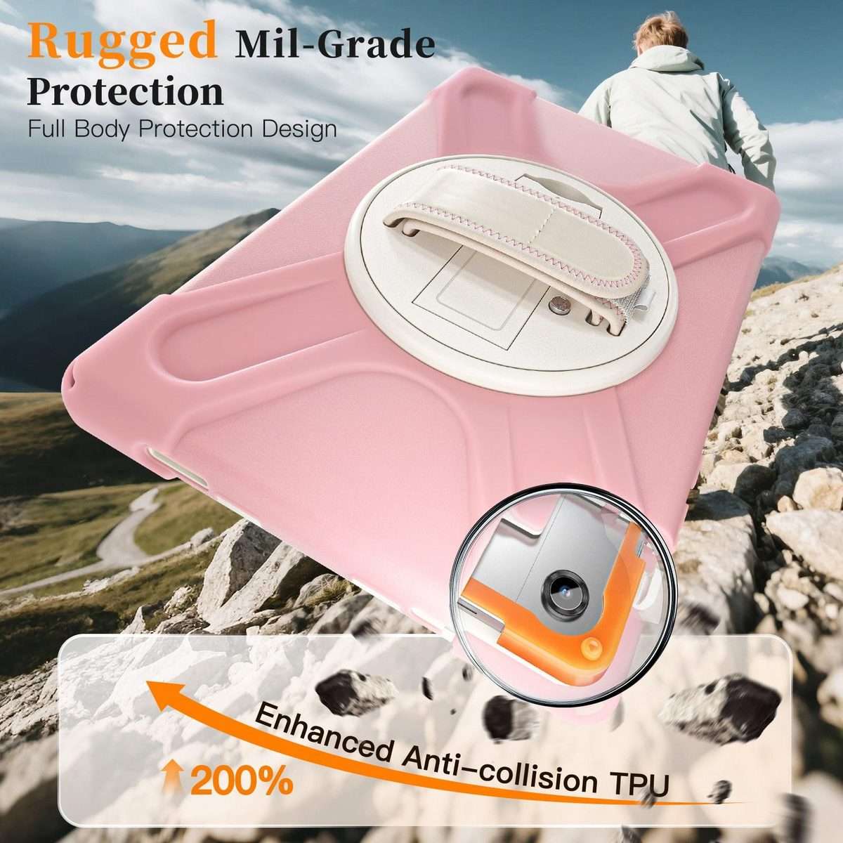 For Samsung Galaxy Tab A11+ Rotatable Holder Silicone Hybrid PC Tablet Case with Should ... (Pink)
