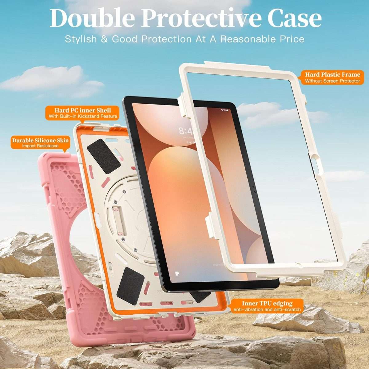 For Samsung Galaxy Tab A11+ Rotatable Holder Silicone Hybrid PC Tablet Case with Should ... (Pink)