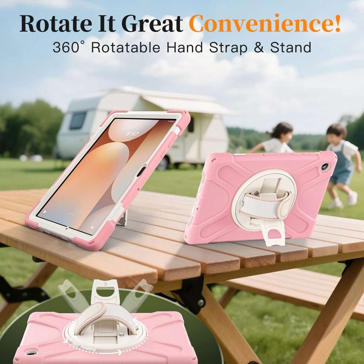 For Samsung Galaxy Tab A11+ Rotatable Holder Silicone Hybrid PC Tablet Case with Should ... (Pink)