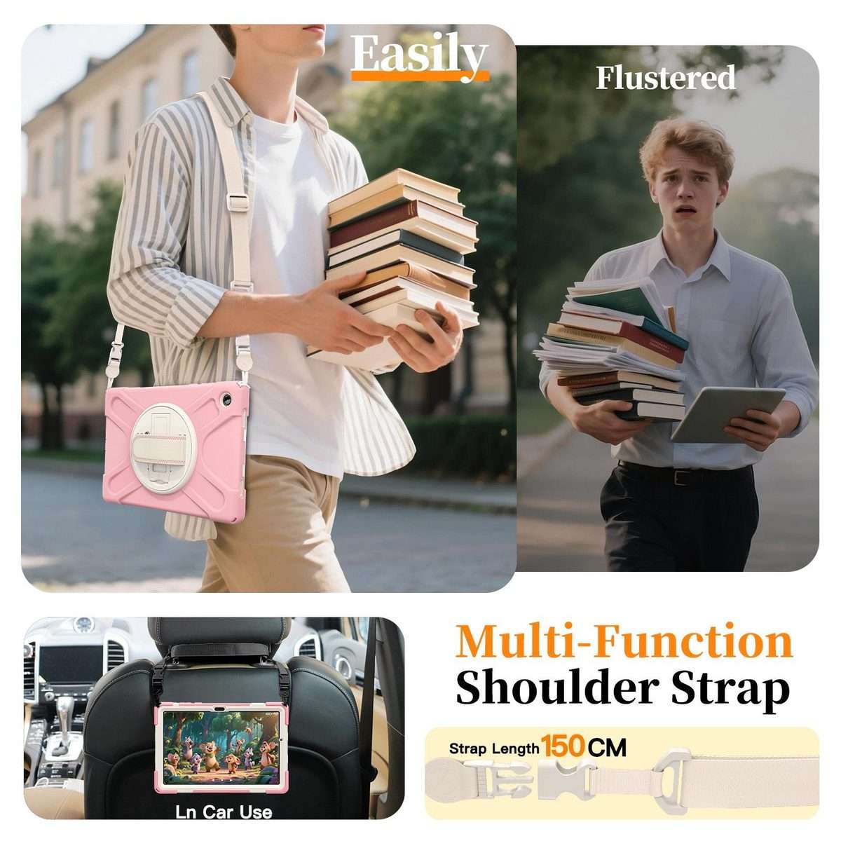 For Samsung Galaxy Tab A11+ Rotatable Holder Silicone Hybrid PC Tablet Case with Should ... (Pink)