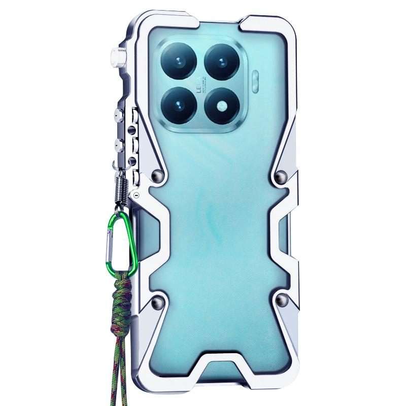 For Xiaomi 15T Pro Trigger Design Hollow Metal Frame Phone Case with Lanyard(Silver)
