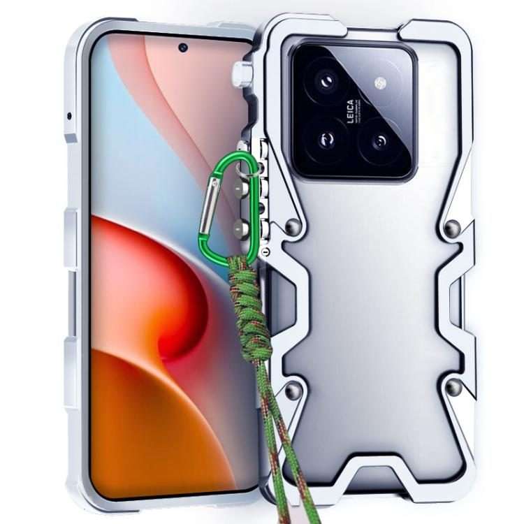 For Xiaomi 14 Pro Trigger Design Hollow Metal Frame Phone Case with Lanyard(Silver)