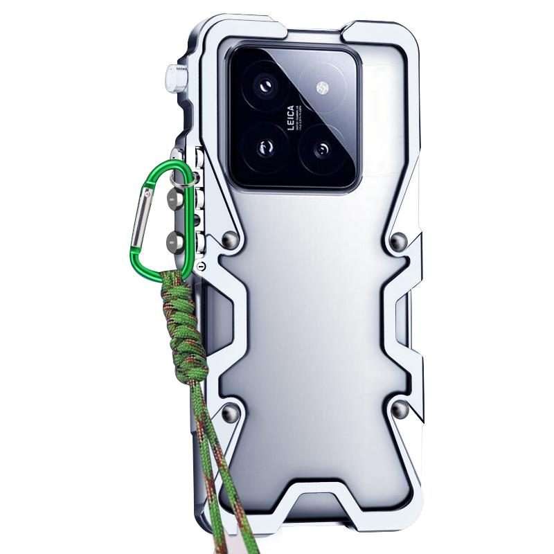 For Xiaomi 14 Pro Trigger Design Hollow Metal Frame Phone Case with Lanyard(Silver)