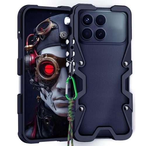 For Redmi K90 / Poco F8 Pro 5G Trigger Design Hollow Metal Frame Phone Case with Lanyard(Black)