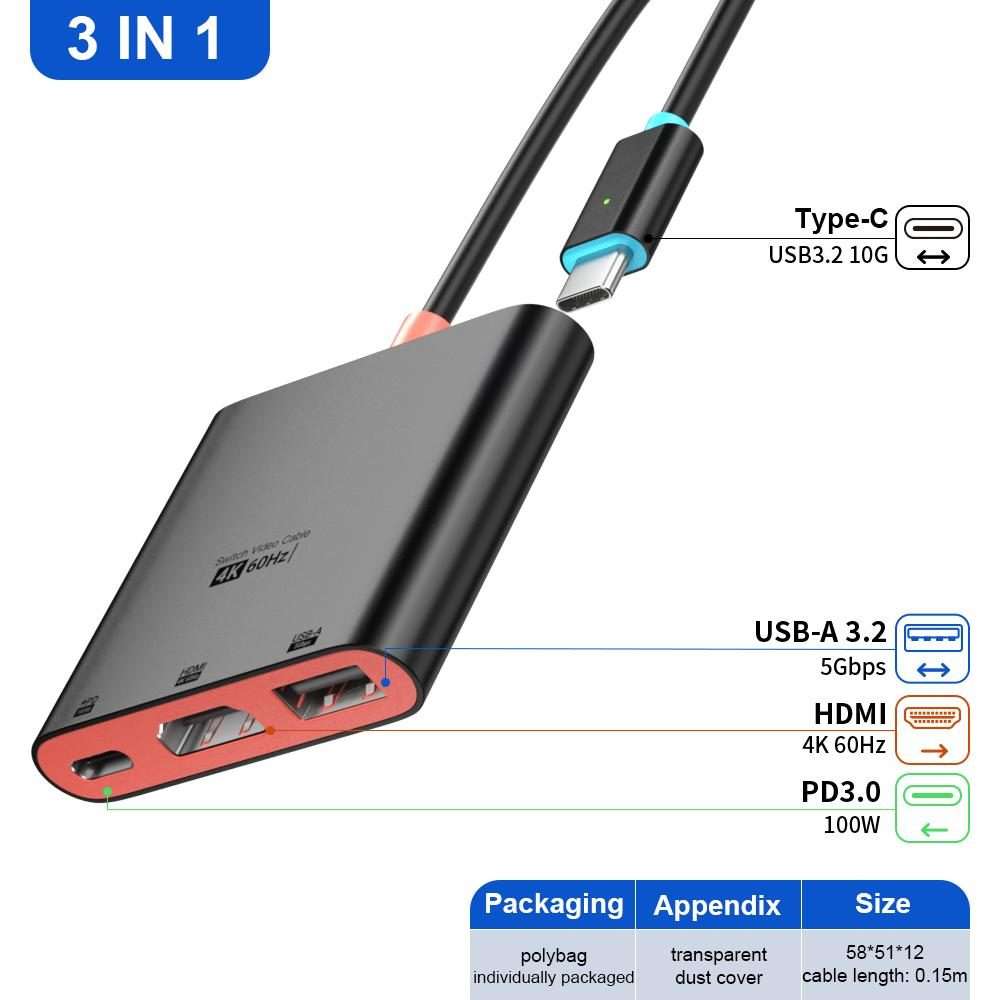 For Nintendo Switch 3 in 1 Type-C to HDMI + USB 3.0 + Type-C PD Charging Port Desktop Docking Stat