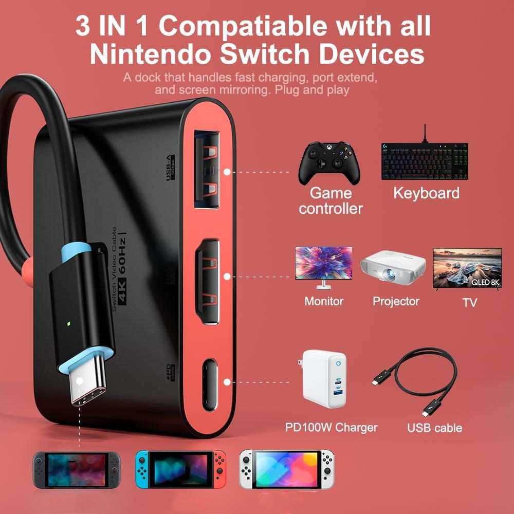 For Nintendo Switch 3 in 1 Type-C to HDMI + USB 3.0 + Type-C PD Charging Port Desktop Docking Stat