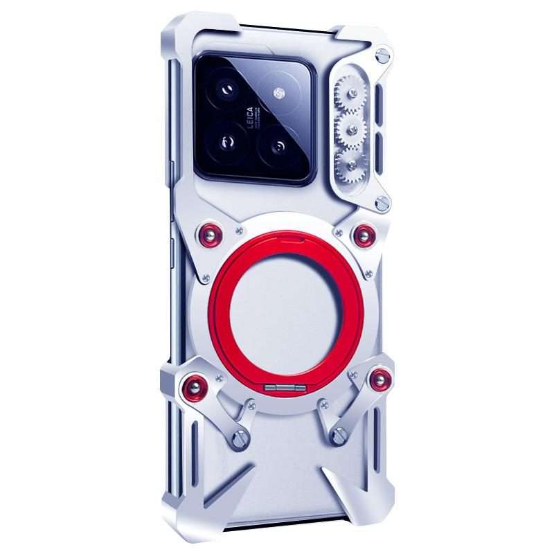 For Xiaomi 14 Pro Rotating Bracket Hollow Metal Phone Case with Lanyard(Silver)