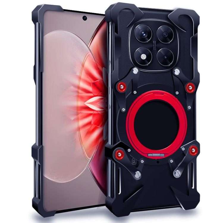 For Redmi Note 14 Pro 5G Rotating Bracket Hollow Metal Phone Case with Lanyard(Black)