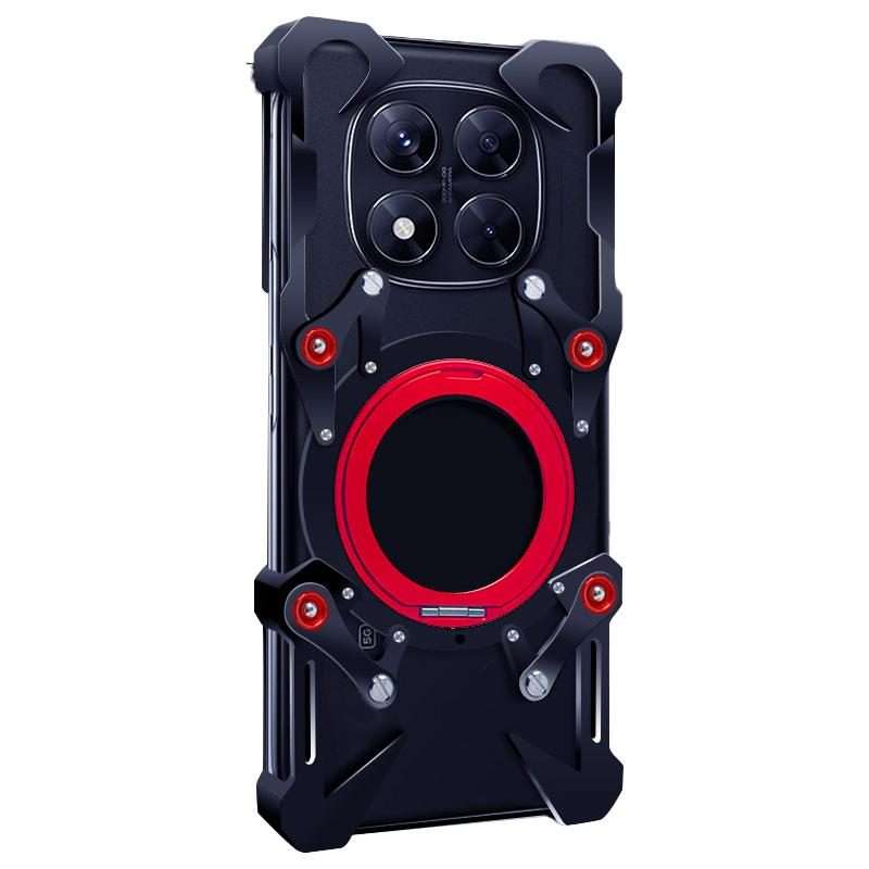 For Redmi Note 14 Pro 5G Rotating Bracket Hollow Metal Phone Case with Lanyard(Black)