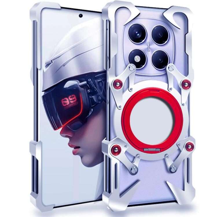 For Redmi Note 14 Pro 5G Rotating Bracket Hollow Metal Phone Case with Lanyard(Silver)