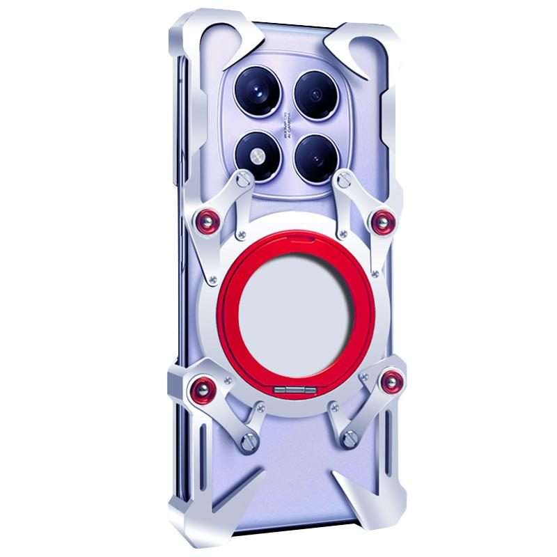 For Redmi Note 14 Pro+ 5G Rotating Bracket Hollow Metal Phone Case with Lanyard(Silver)