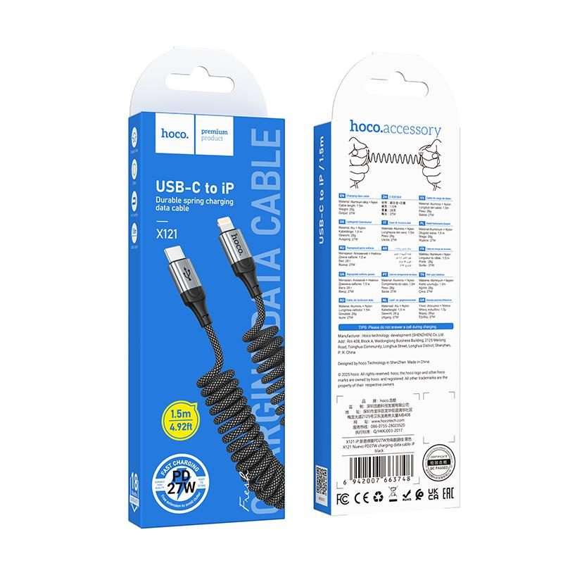 hoco X121 Nuevo PD27W Fast Charging Type-C to 8 Pin Spring Braided Data Cable(Black)