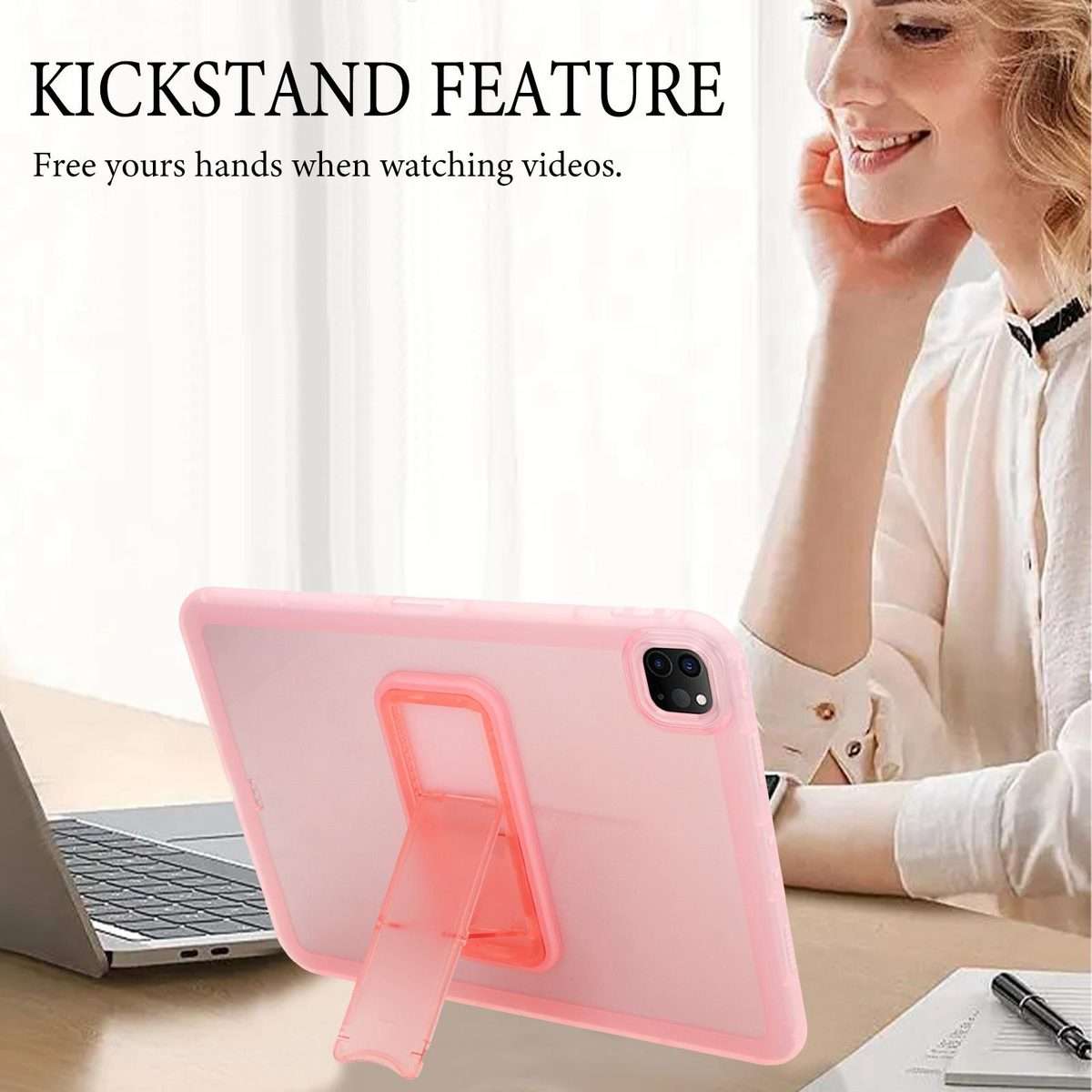 For iPad Pro 11 2022 / 2021 / 2020 Semi-Transparent TPU Shockproof Tablet Case with Holder(Pink)