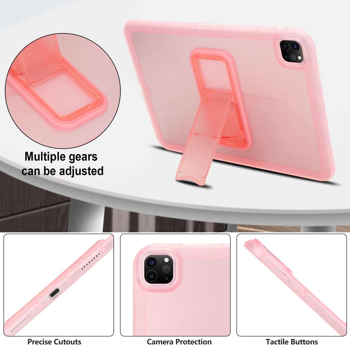 For iPad Pro 11 2022 / 2021 / 2020 Semi-Transparent TPU Shockproof Tablet Case with Holder(Pink)