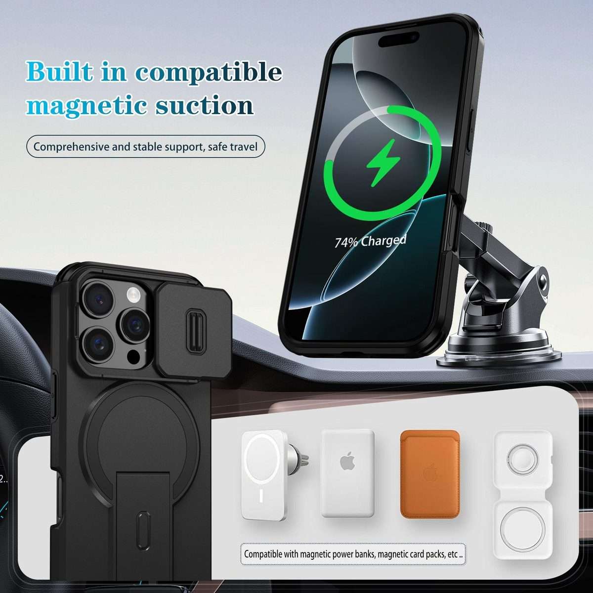 For iPhone 16 Pro Sliding Camshield MagSafe Holder Phone Case(Black)