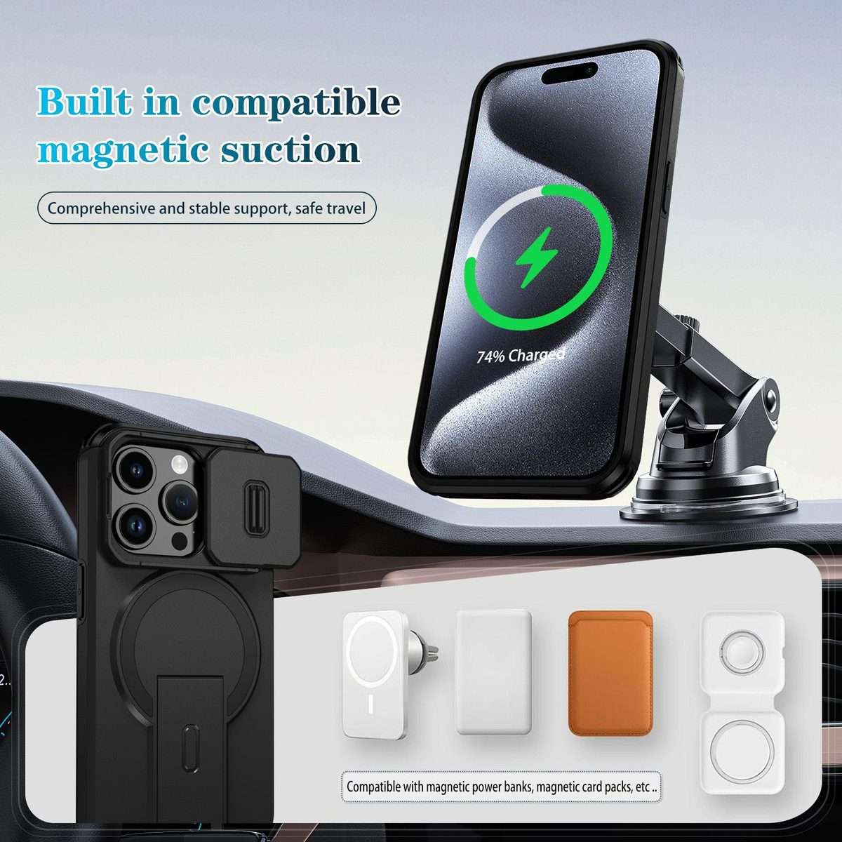 For iPhone 15 Pro Sliding Camshield MagSafe Holder Phone Case(Black)