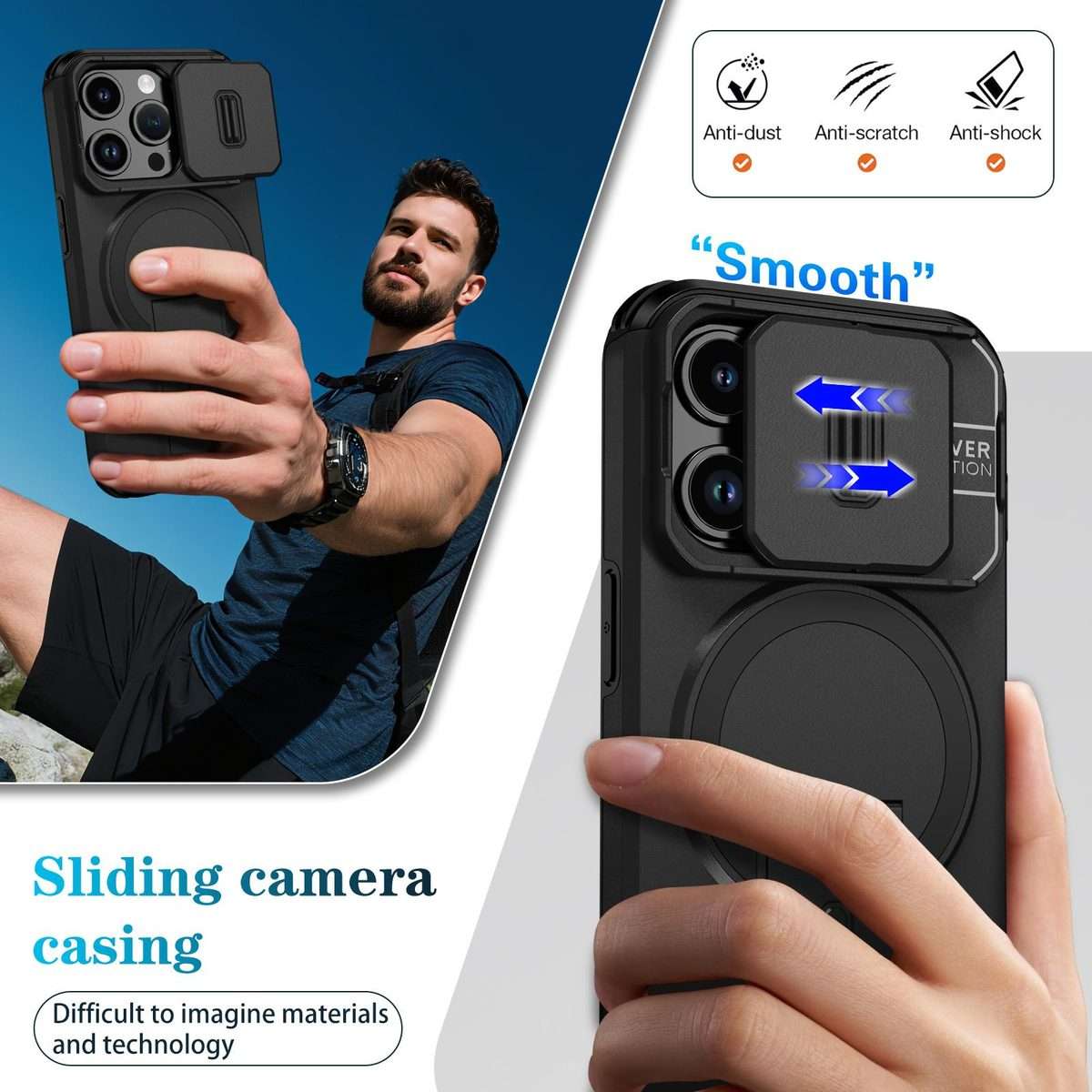 For iPhone 15 Pro Sliding Camshield MagSafe Holder Phone Case(Black)