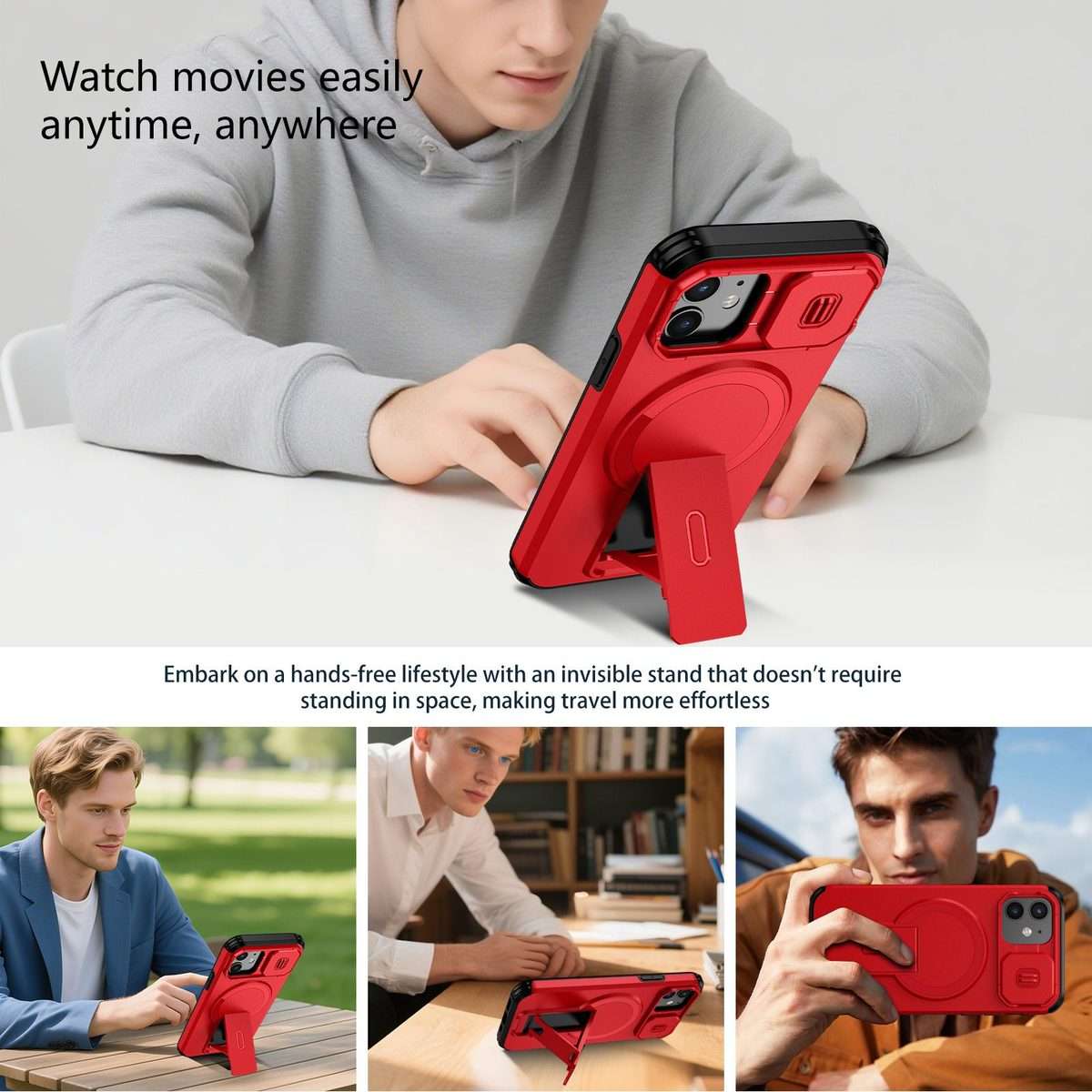 For iPhone 12 Pro / 12 Sliding Camshield MagSafe Holder Phone Case(Red)