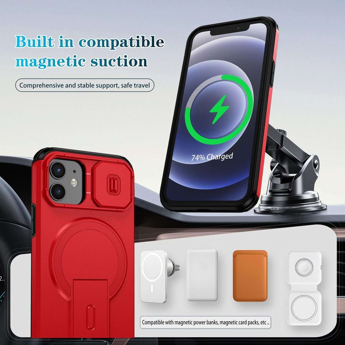 For iPhone 12 Pro / 12 Sliding Camshield MagSafe Holder Phone Case(Red)