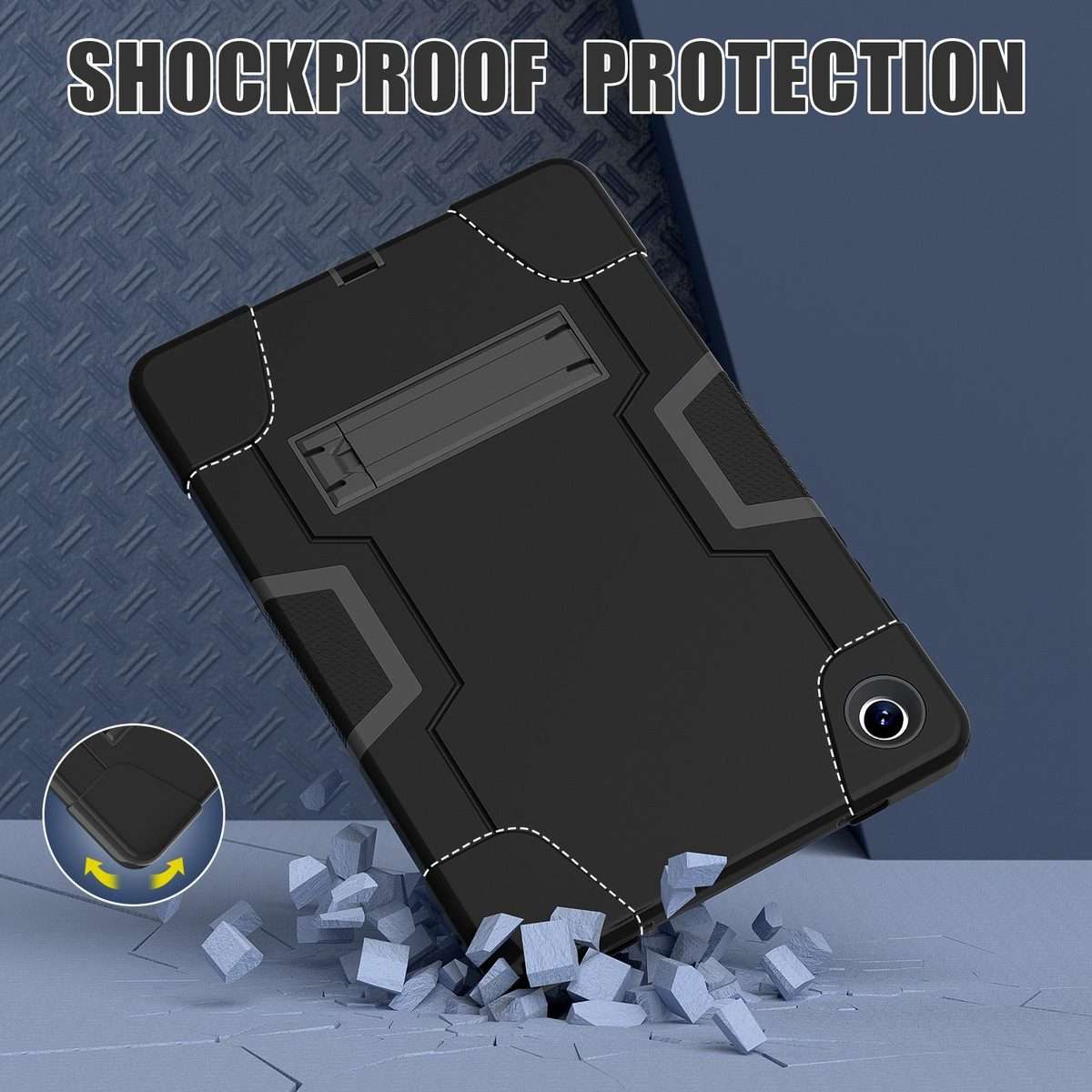 For Samsung Galaxy Tab A11+ Contrast Color Silicone PC Tablet Case with Holder(Black)