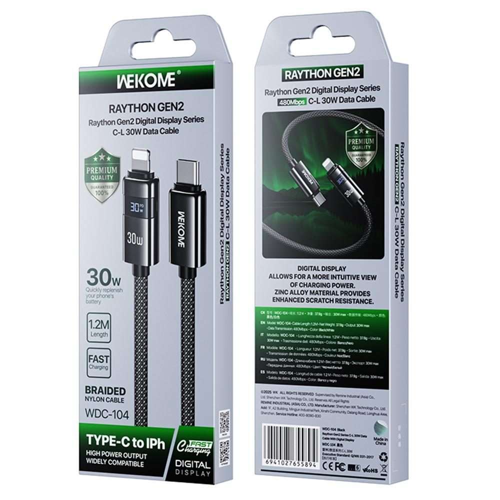 WK WDC-104 Raython 2 Digital Display 30W Type-C to 8 Pin Fast Charging Data Cable, Len ... (Black)
