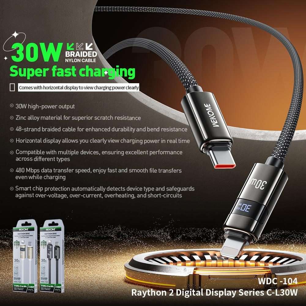 WK WDC-104 Raython 2 Digital Display 30W Type-C to 8 Pin Fast Charging Data Cable, Len ... (White)