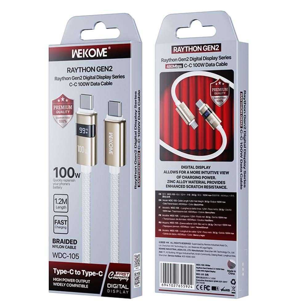 WK WDC-105 Raython 2 Digital Display 100W Type-C to Type-C Fast Charging Data Cable, L ... (White)