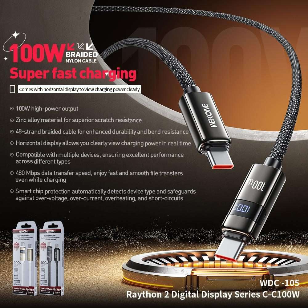 WK WDC-105 Raython 2 Digital Display 100W Type-C to Type-C Fast Charging Data Cable, L ... (White)