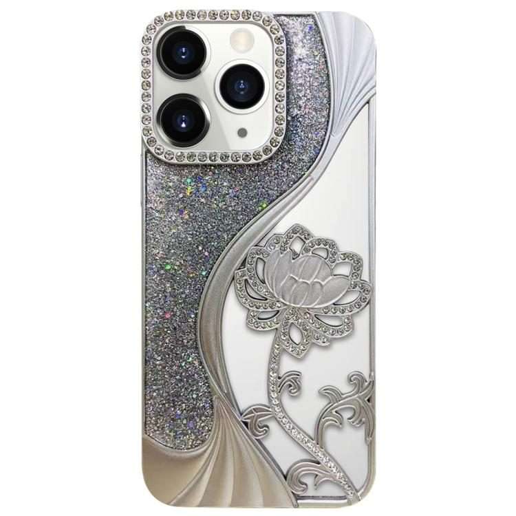 For iPhone 11 Pro Max Electroplated TPU Lotus Hollow-carved Rhinestone Glitter Phone Case(Silver)