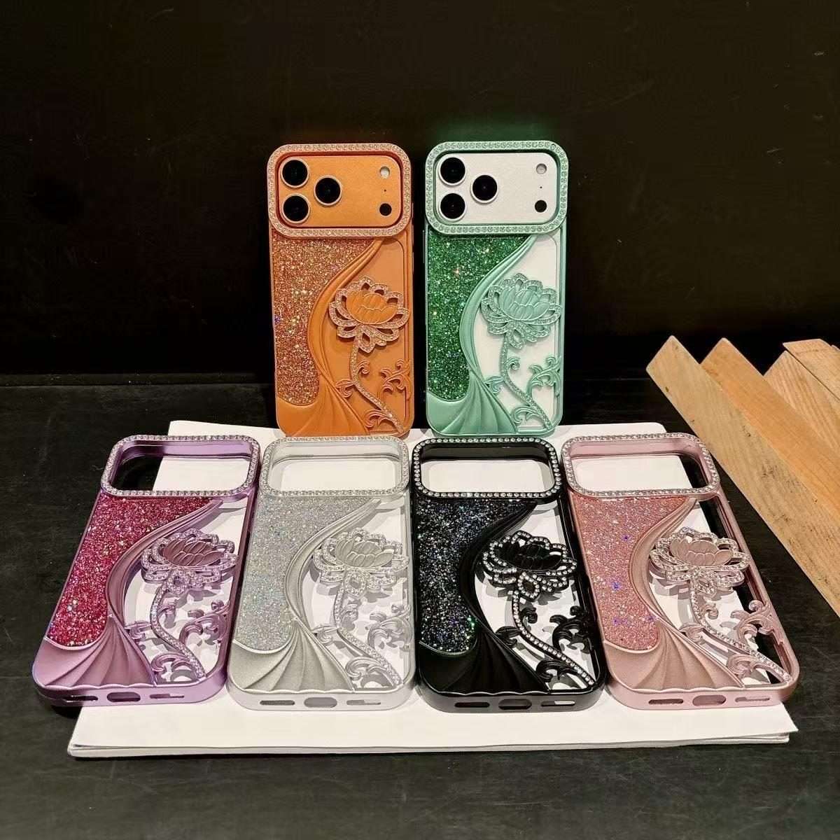 For iPhone 11 Pro Max Electroplated TPU Lotus Hollow-carved Rhinestone Glitter Phone Case(Silver)