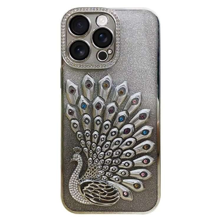 For iPhone 14 Pro Electroplated TPU Peacock Relief Rhinestone Glitter Phone Case with ... (Silver)
