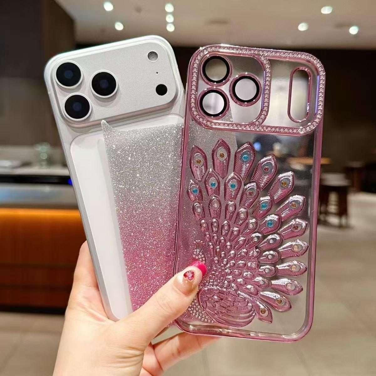 For iPhone 14 Pro Electroplated TPU Peacock Relief Rhinestone Glitter Phone Case with ... (Silver)