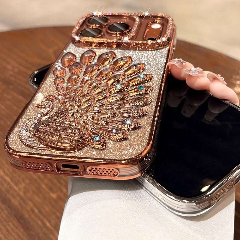 For iPhone 14 Pro Electroplated TPU Peacock Relief Rhinestone Glitter Phone Case with ... (Purple)