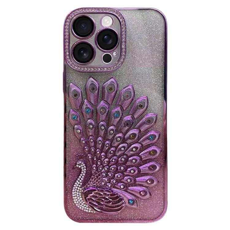 For iPhone 14 Pro Max Electroplated TPU Peacock Relief Rhinestone Glitter Phone Case wi ... (Pink)