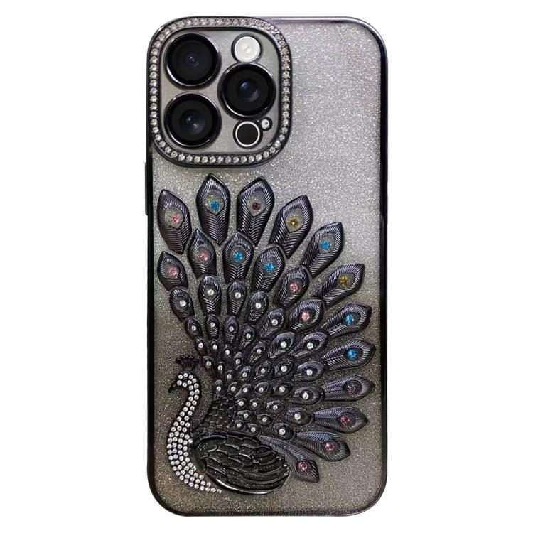 For iPhone 14 Pro Max Electroplated TPU Peacock Relief Rhinestone Glitter Phone Case w ... (Black)