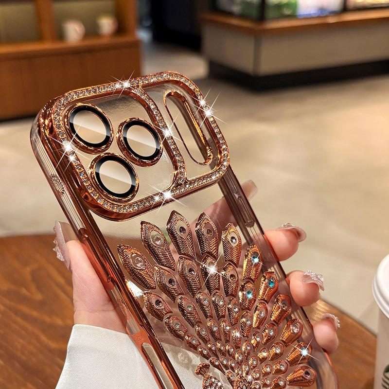 For iPhone 14 Pro Max Electroplated TPU Peacock Relief Rhinestone Glitter Phone Case w ... (Black)
