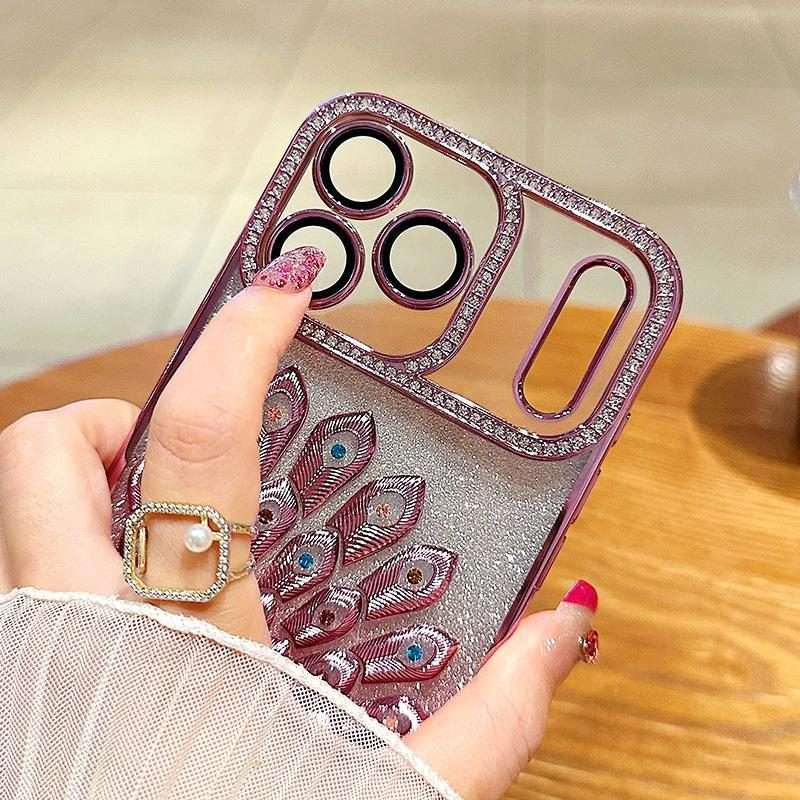 For iPhone 14 Pro Max Electroplated TPU Peacock Relief Rhinestone Glitter Phone Case w ... (Black)