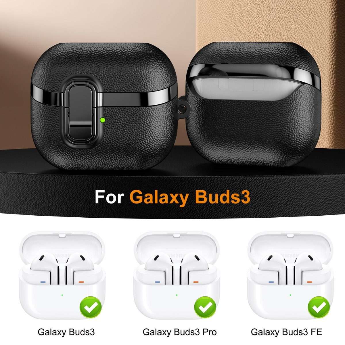 For Samsung Galaxy Buds3 Electroplated Leather Texture Wireless Earphones Protective C ... (Black)