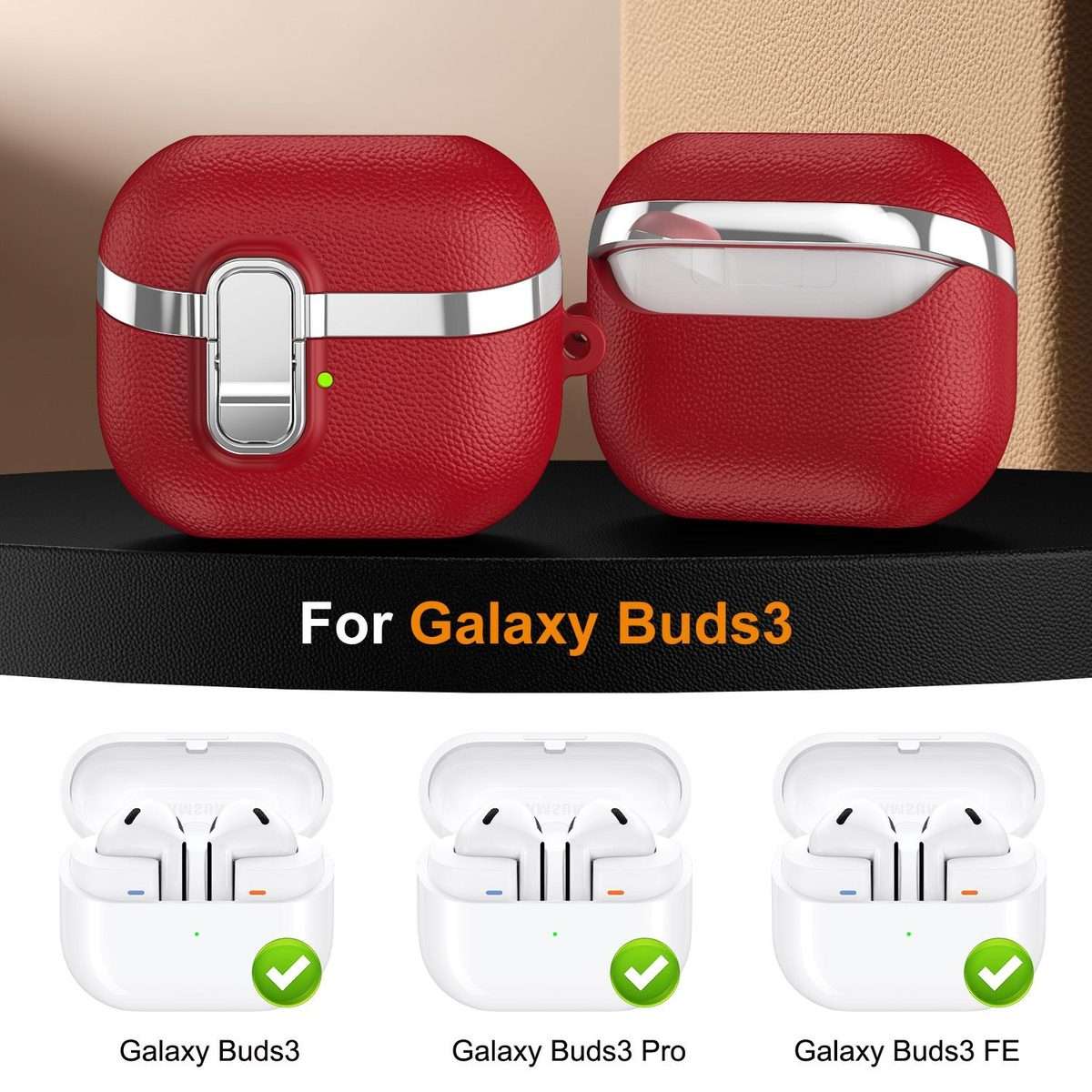 For Samsung Galaxy Buds3 Electroplated Leather Texture Wireless Earphones Protective Cas ... (Red)