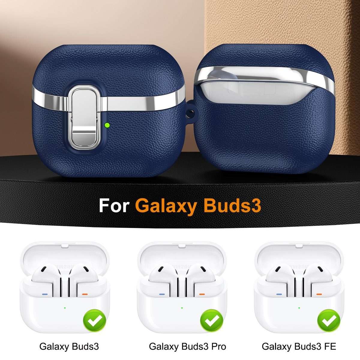 For Samsung Galaxy Buds3 Electroplated Leather Texture Wireless Earphones Protective Ca ... (Blue)